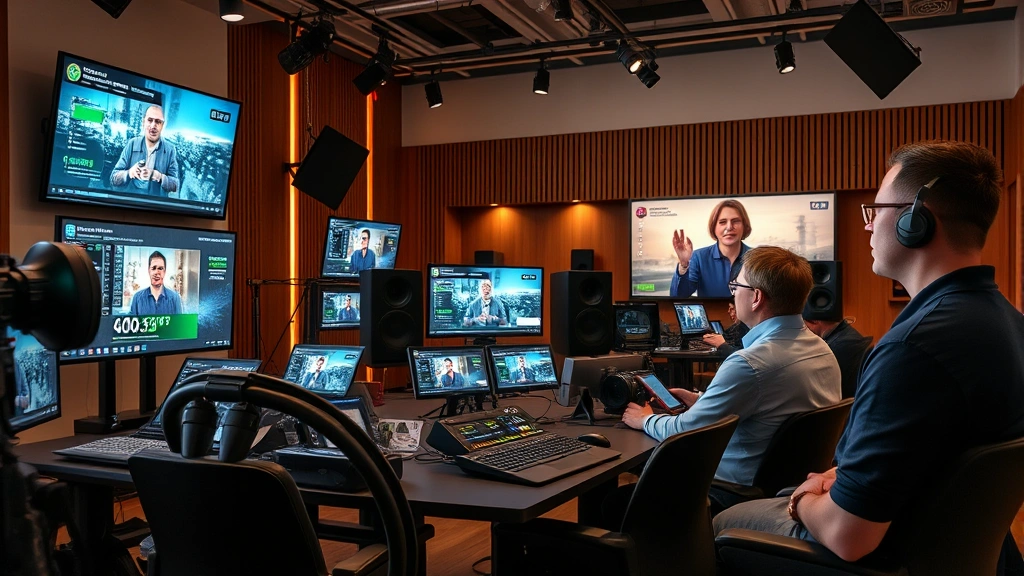 Entertainment industry professionals in a contemporary production facility reviewing footage and performance metrics on multiple screens with professional broadcasting and streaming equipment visible