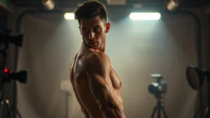 Athletic male performer with distinctive proportions in modern film set, professional lighting, cinematic composition, no text visible, photorealistic digital media environment