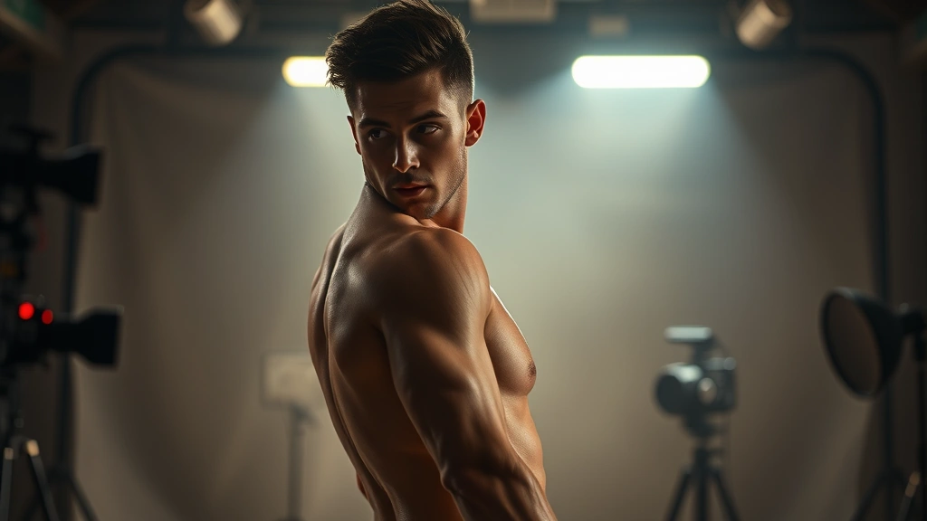 Athletic male performer with distinctive proportions in modern film set, professional lighting, cinematic composition, no text visible, photorealistic digital media environment