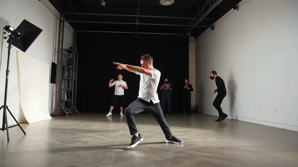 Action scene choreography showcase with performer demonstrating movement expertise, dynamic physical performance, professional production quality, contemporary filmmaking setting, no visible text