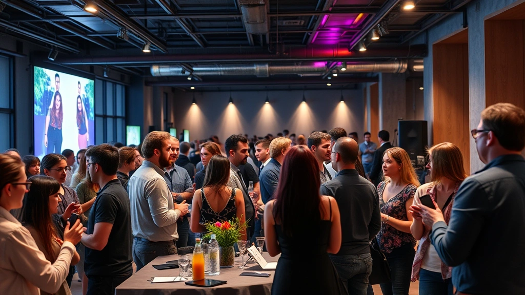 Film industry professional networking event with diverse entertainment professionals, collaborative creative environment, modern entertainment venue, photorealistic representation of media industry dynamics