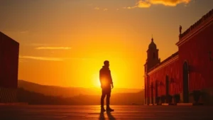 Cinematic still of a lone figure silhouetted against vibrant Mexican sunset landscape with warm orange and gold colors reflecting off architecture, dramatic shadows creating contrast