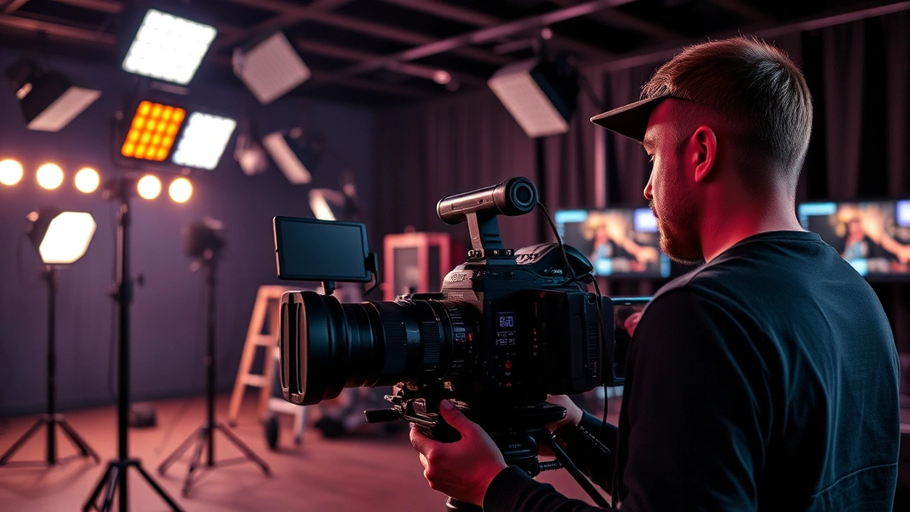 Professional cinematographer operating digital camera on film set with professional lighting rigs, monitoring screens showing color-graded footage with warm and cool color palettes