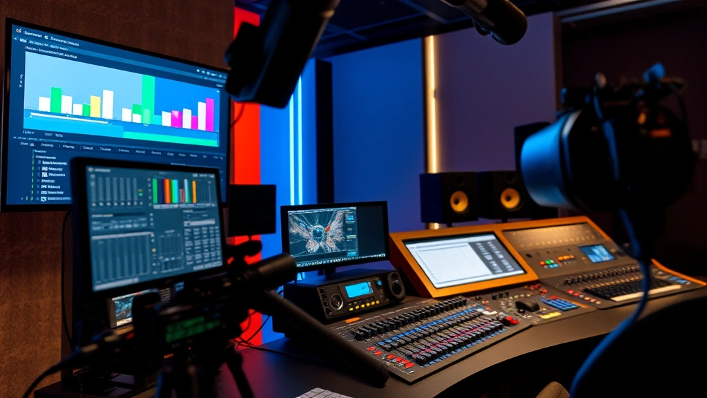 Abstract composition of film editing equipment, color grading software interface showing layered adjustments, sound mixing console with professional audio equipment in modern production facility