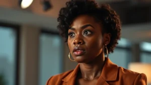 Professional Black actress in dramatic scene with emotional intensity, studio lighting, contemporary indoor setting, serious expression, professional costume, no visible text or interface elements