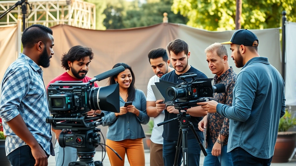 Diverse entertainment production crew collaborating on set, multiple ethnicities working together, professional equipment visible, collaborative energy, outdoor or studio location, natural professional lighting