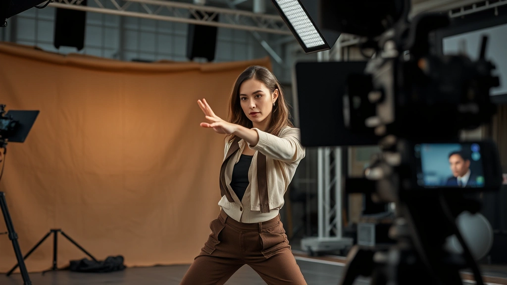Female performer in action sequence preparation, physical movement captured, contemporary costume, professional production environment, dynamic pose, studio or outdoor setting, no screens or text visible