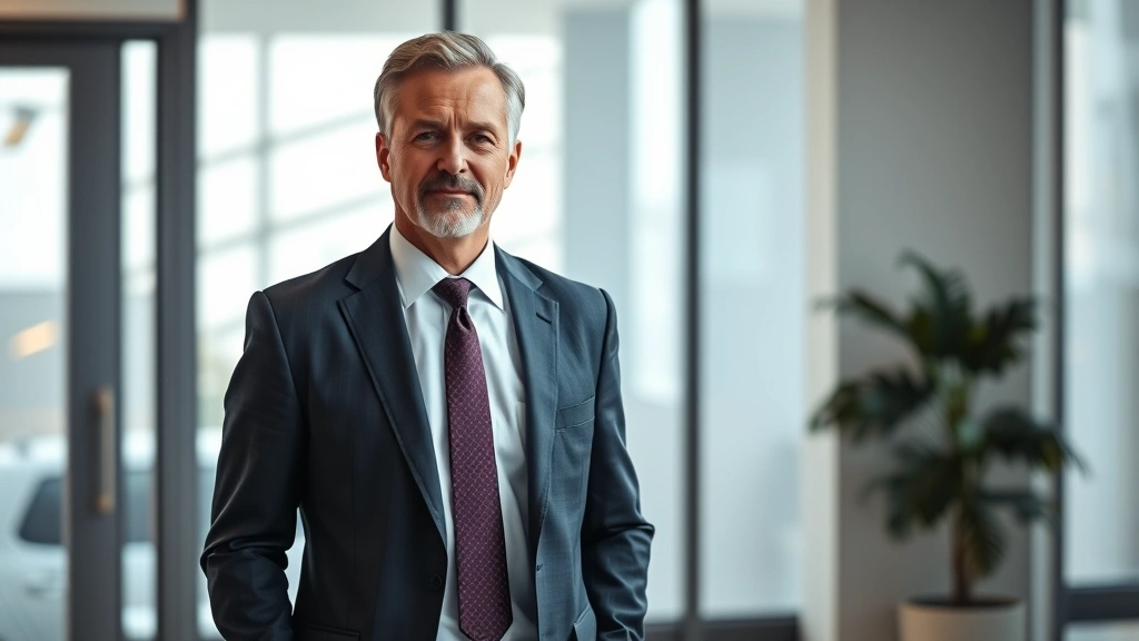 Professional male actor in his 40s-50s wearing tailored business suit, standing confidently in modern office setting with soft natural lighting, cinematic headshot style photography, neutral background, photorealistic quality