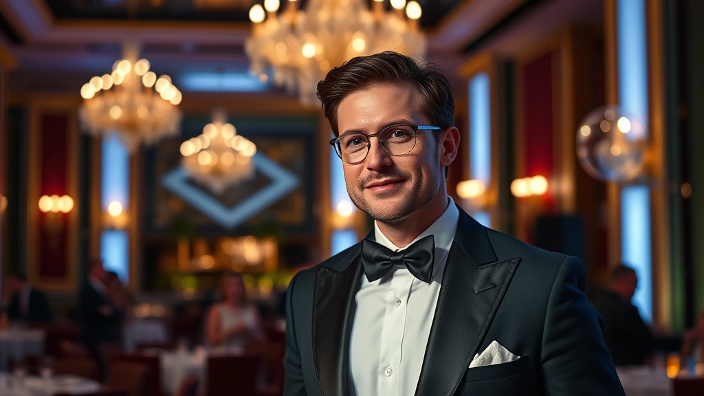 Actor in evening formal wear at upscale event venue with elegant background, sophisticated lighting setup, professional entertainment industry photography, photorealistic quality without any visible text or logos