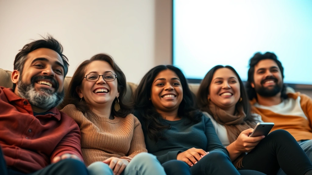 Close-up of diverse family members and friends sitting together on comfortable couch, faces illuminated by soft screen glow, showing genuine smiles and engaged expressions during movie viewing session
