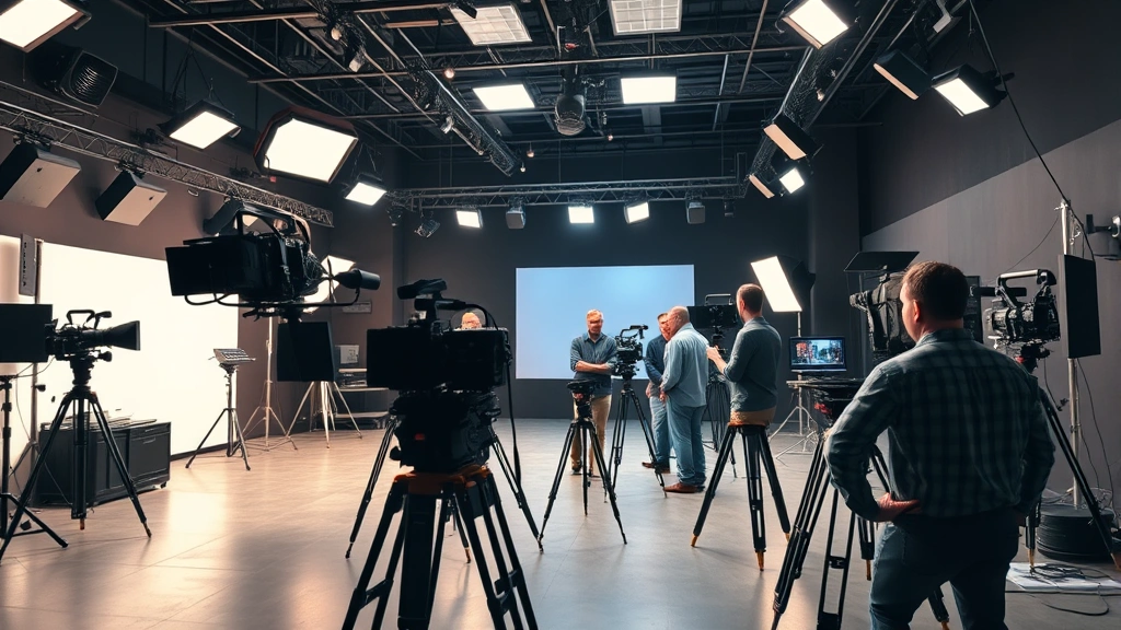 Wide shot of professional film production studio with sophisticated camera equipment, professional lighting rigs, and cinematography crew setting up complex shots, showcasing technical filmmaking infrastructure