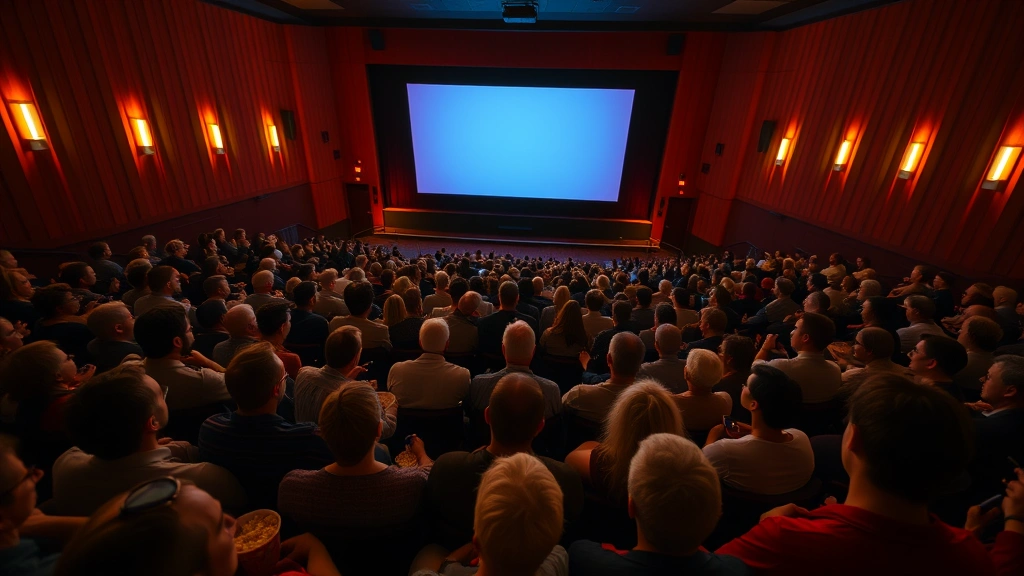 Overhead perspective of crowded movie theater audience watching screen with rapt attention, popcorn containers visible, warm ambient lighting creating intimate viewing atmosphere