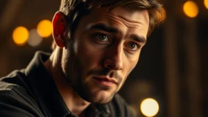 Close-up of a professional male actor in thoughtful expression during dramatic scene, warm studio lighting, contemporary setting, photorealistic portrait style with natural emotion and depth
