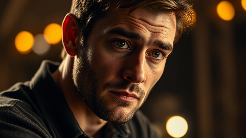 Close-up of a professional male actor in thoughtful expression during dramatic scene, warm studio lighting, contemporary setting, photorealistic portrait style with natural emotion and depth