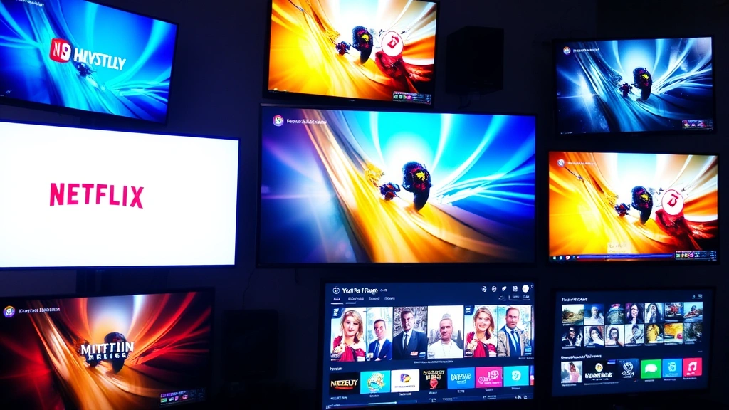 Multiple screens displaying different streaming platforms and television interfaces, vibrant digital environment, glowing displays showing diverse content, modern media consumption setup without readable text
