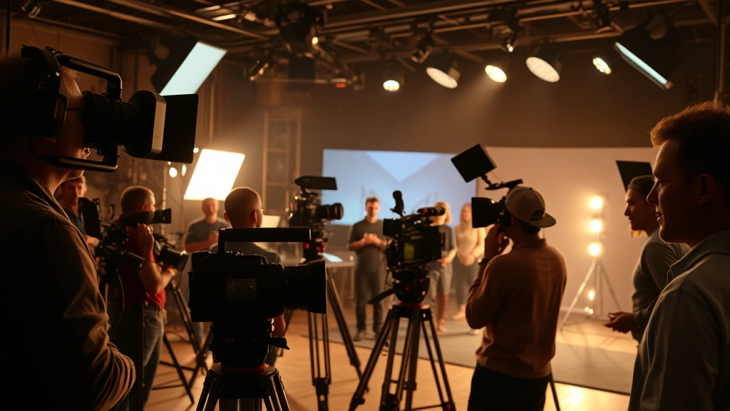 Behind-the-scenes film or television production set with multiple crew members and cameras, collaborative creative environment, professional production equipment, warm ambient lighting capturing creative process