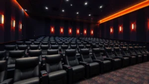 Modern movie theater interior with comfortable reclining seats, warm ambient lighting, and cinema auditorium design, professional architectural photography
