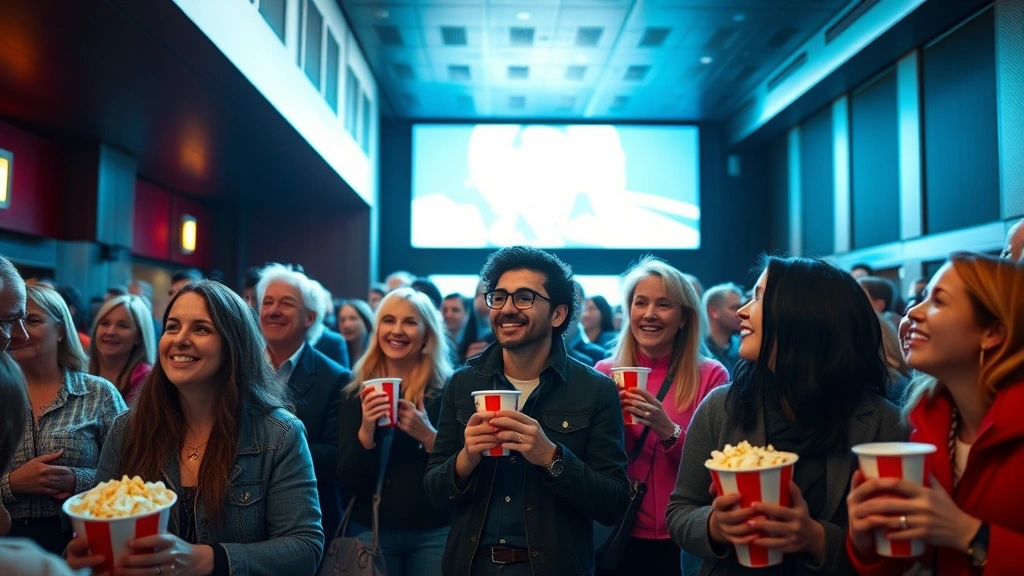 Diverse audience members enjoying popcorn and beverages in a theater lobby, social gathering atmosphere, natural lighting, candid community moment