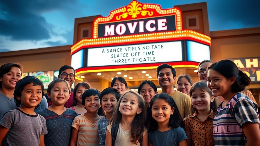 Diverse group of children and adults gathered around a glowing movie theater marquee at dusk, illuminated screens reflecting on their faces, showing genuine excitement and connection to shared entertainment experience