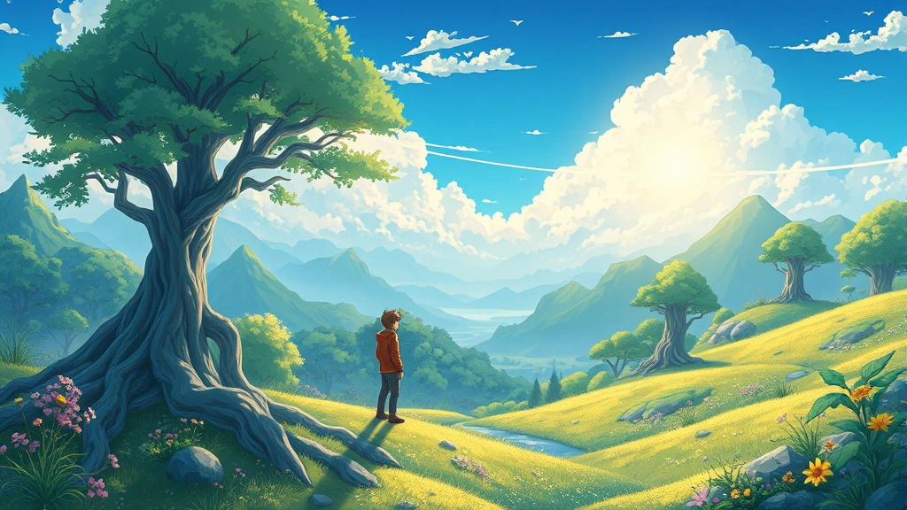 Vibrant anime-style landscape showing harmony between humans and nature, with fantastical creatures and lush environments, representing environmental themes and balance central to storytelling