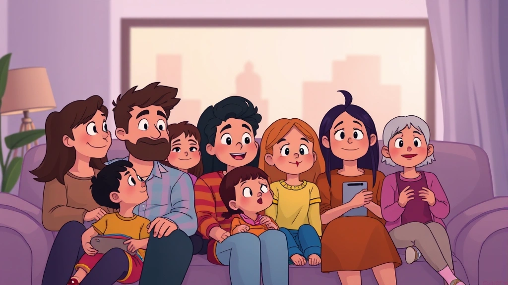 Modern diverse audience of various ages watching animated film together in comfortable home setting, experiencing emotional moments together, demonstrating cross-generational appeal and continued cultural relevance