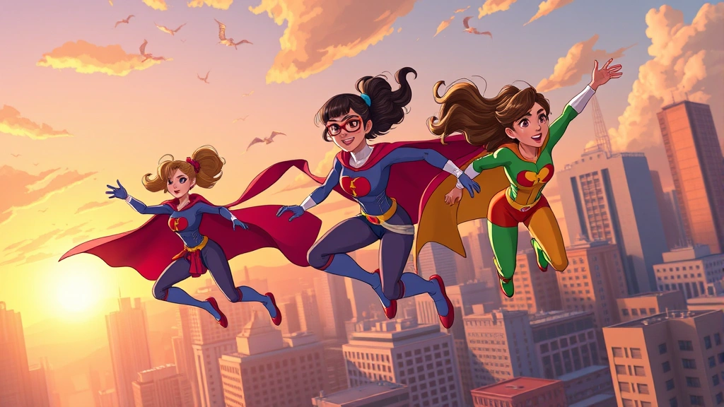 Three young female superheroes in colorful costumes flying through a vibrant cityscape at sunset, dynamic action pose, modern animation style with detailed backgrounds