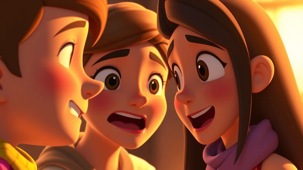Close-up of animated character faces showing expressive emotions during conversation, warm lighting, professional digital animation quality, diverse color palette