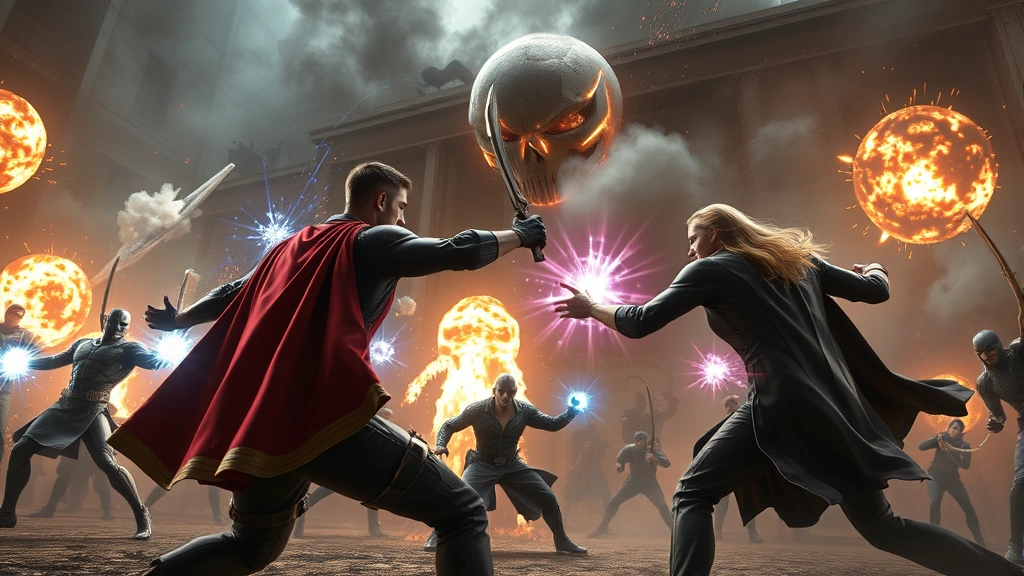 Epic battle scene with superhero characters using powers against antagonist, explosive visual effects, cinematic composition, theatrical lighting design, action-focused staging