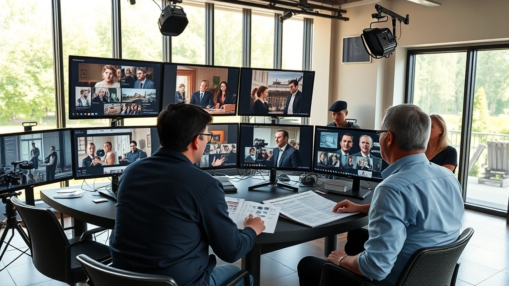 Film production team reviewing storyboards in a modern editing suite with multiple monitors displaying period drama scenes, natural daylight through large windows, professional atmosphere