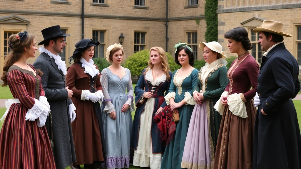 Diverse group of actors in Regency-era costumes during a rehearsal break on a historic estate location, candid moment showing character interaction and preparation