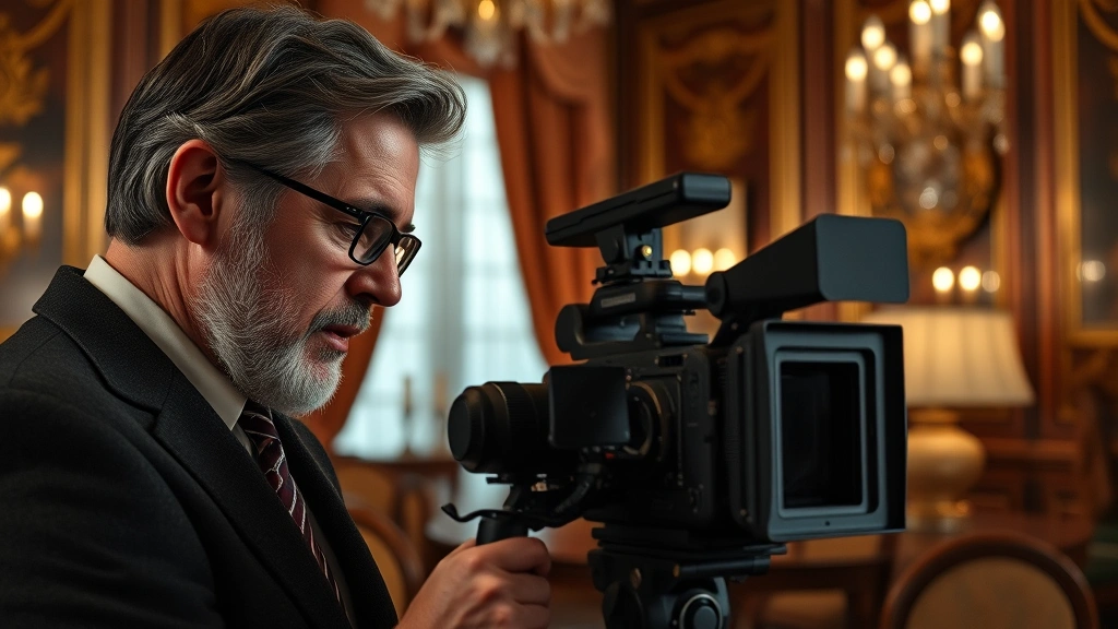 Close-up of film director working with cinematographer examining camera settings and framing through viewfinder on elegant period set, focusing on technical filmmaking craft