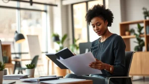 African American woman filmmaker reviewing scripts in modern office setting with natural lighting and contemporary workspace design