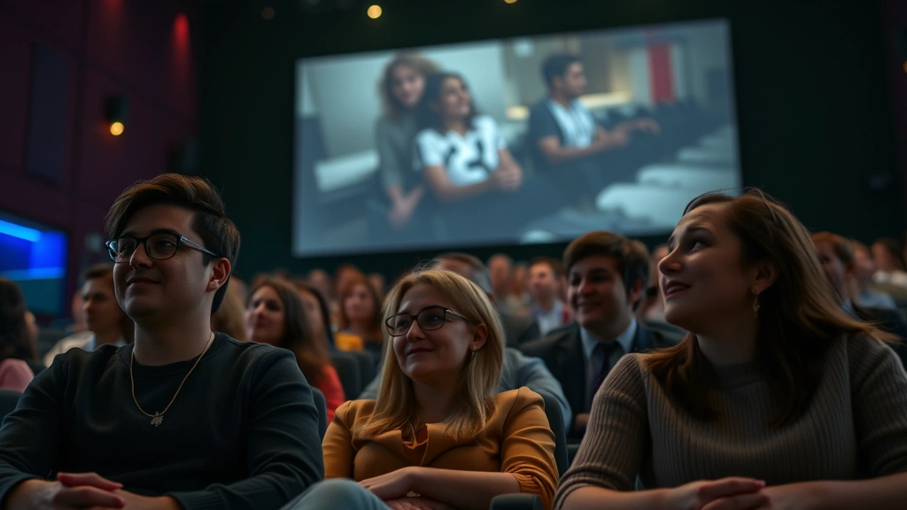 Diverse audience members in modern theater during emotional film scene, showing engagement and connection with on-screen content
