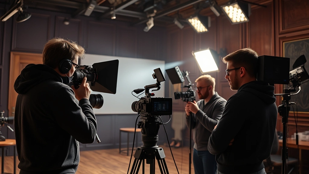 Professional film production crew operating high-end cinema camera equipment on dramatic interior set with theatrical lighting setup
