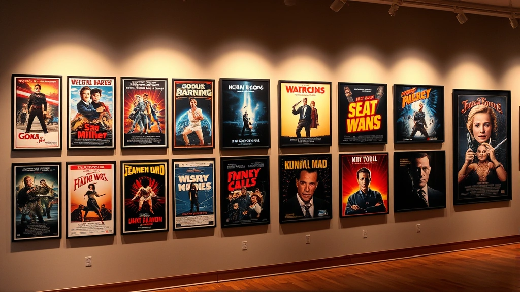 Artistic arrangement of classic movie posters from different eras displayed on a gallery wall, demonstrating evolution of film marketing design, warm gallery lighting, professional photography, no visible text on posters