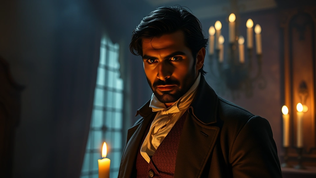 British-Indian male actor in period costume, candlelit mansion interior, supernatural horror atmosphere, intense emotional expression, moody shadows