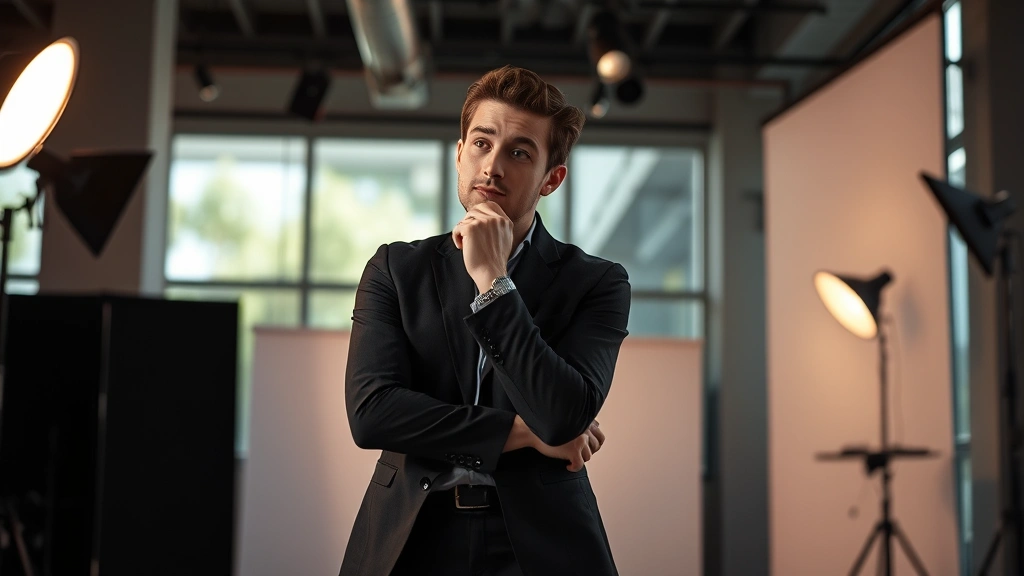 Talented performer in modern professional environment, thoughtful pose, dramatic lighting, authentic emotional presence, introspective demeanor