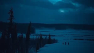 Moody Finnish Arctic landscape at twilight with dark forest treeline and snow, atmospheric and desolate, cold color palette emphasizing isolation and dread, cinematic winter environment without any visible text or human figures