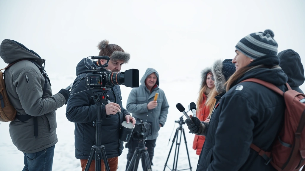Film production scene showing director working with actors in snowy location, collaborative creative moment, professional cinematography setup visible, natural Arctic lighting conditions, no visible text or identifying information