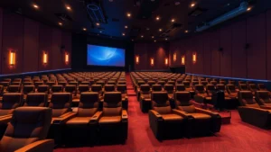 Modern cinema auditorium interior with luxurious reclinable seating arranged in rows, warm ambient lighting, digital projection screen, contemporary multiplex theater environment, no visible text or screens