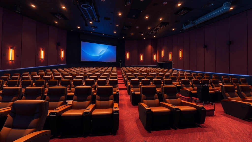 Modern cinema auditorium interior with luxurious reclinable seating arranged in rows, warm ambient lighting, digital projection screen, contemporary multiplex theater environment, no visible text or screens