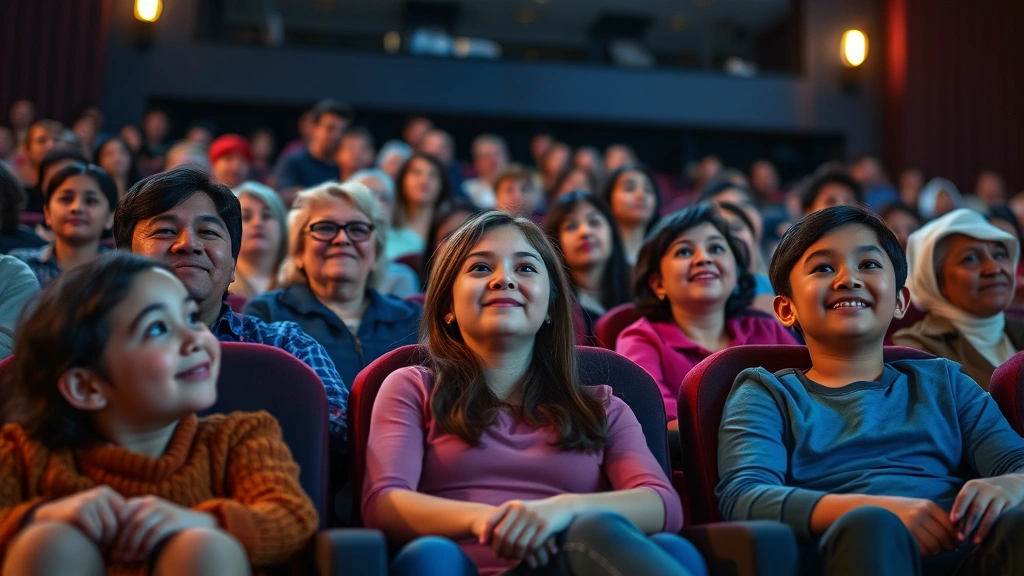 Diverse audience members of various ages watching film together in comfortable theater seating, warm interior lighting, shared entertainment experience, no visible screens or interfaces