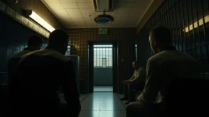 Cinematic still showing tense interrogation scene with dramatic lighting contrasts between bright institutional spaces and dark detention environments, professional cinematography with emotional intensity