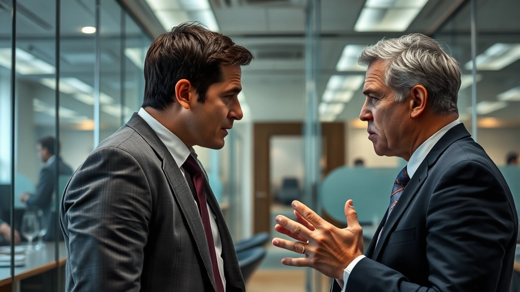Dramatic scene depicting emotional confrontation between characters in modern office setting with glass partitions, professional attire, serious expressions reflecting moral conflict and institutional tension