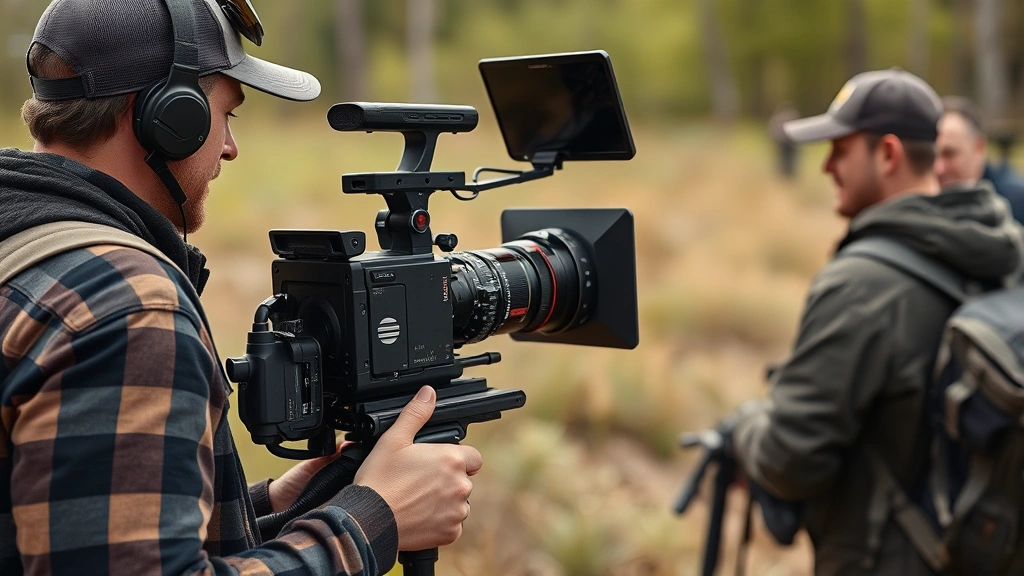 Professional cinematographer operating camera equipment outdoors in natural settings, capturing authentic location-based film production with visible technical apparatus and professional crew environment