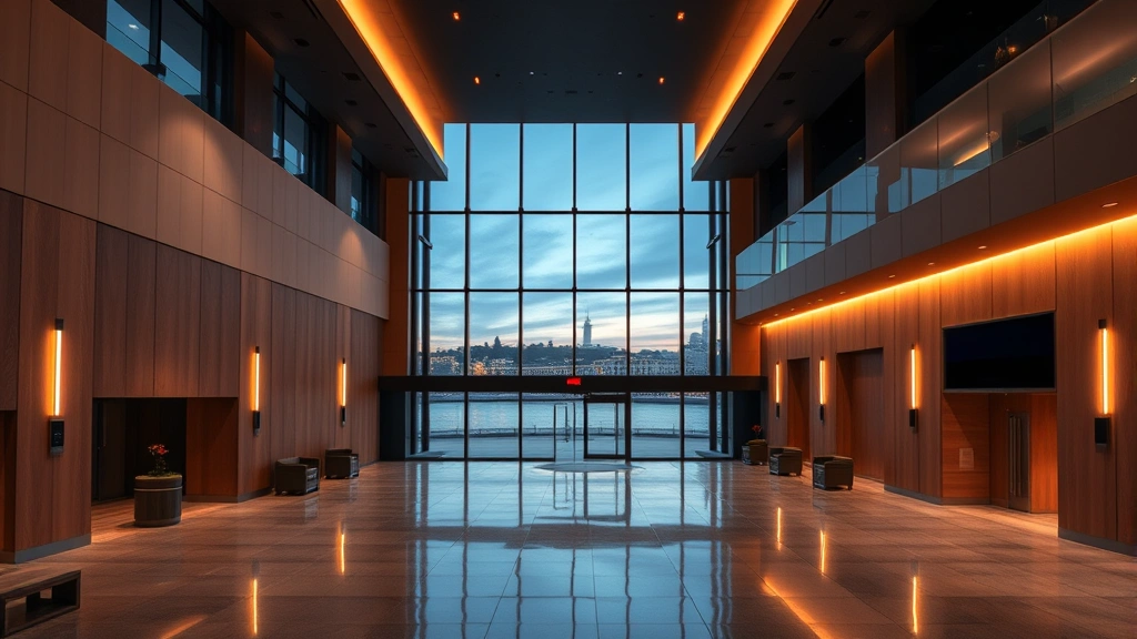 Modern luxury movie theater interior with sleek architectural design, riverbank views through floor-to-ceiling windows, warm ambient lighting creating welcoming atmosphere, professional photography of contemporary cinema lobby space