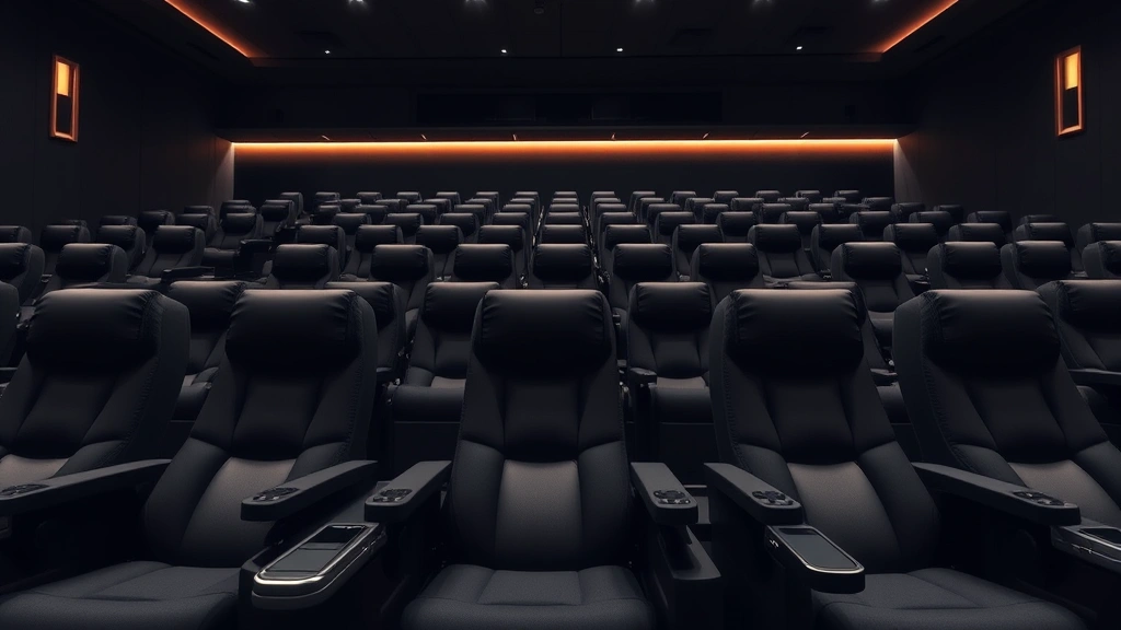 Premium motorized reclining theater seats in dark fabric, individual climate controls and side tables visible, modern auditorium with soft accent lighting, rows of luxury seating photographed from center position showing comfort and spacing