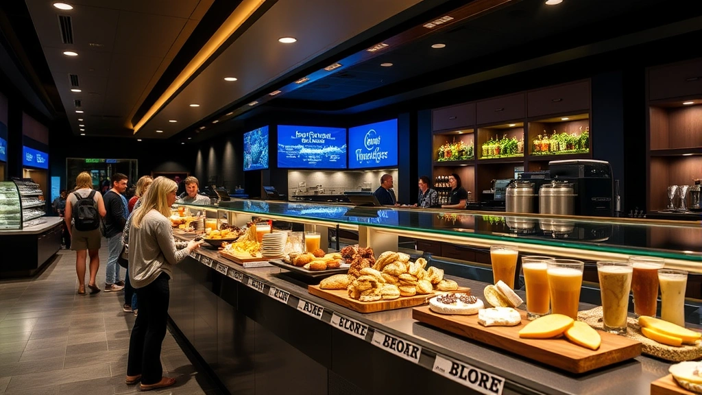 Upscale theater concourse with gourmet food display including artisanal pastries, cheese boards, and craft beverages, professional cafe-style counter setup, customers selecting premium refreshments, bright modern lighting highlighting quality offerings