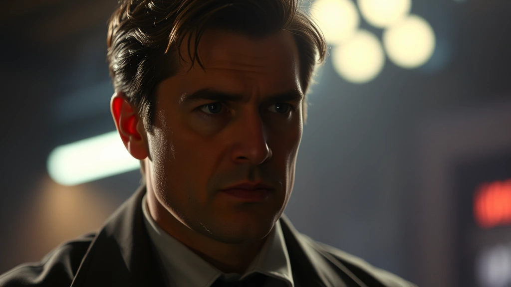 Professional film actor in dramatic scene, intense facial expression, studio lighting, cinematic depth of field, serious character moment, 1980s-1990s film noir aesthetic