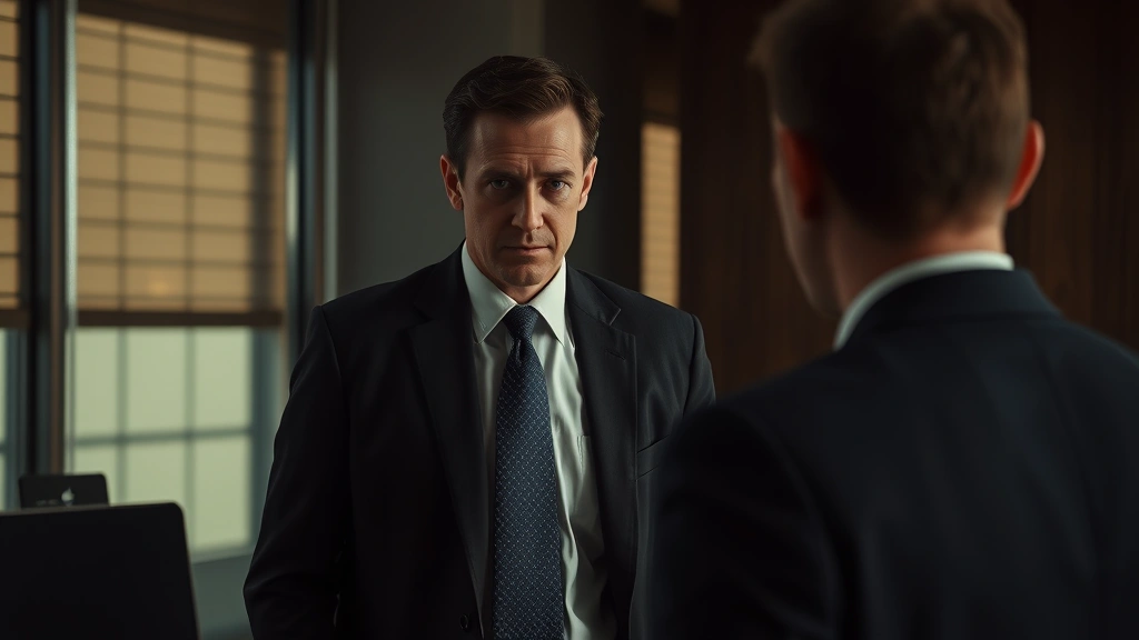Actor in formal business attire during tense conversation scene, corporate office setting, dramatic shadows, psychological thriller atmosphere, professional cinematography style